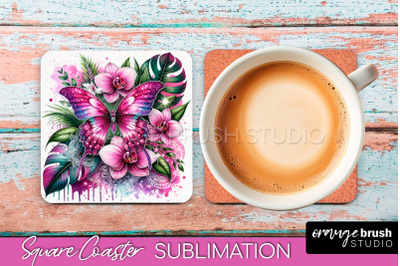 Butterfly Square Coaster Sublimation - Butterfly Coaster PNG