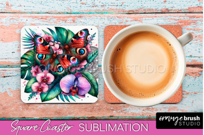 Butterfly Square Coaster Sublimation - Butterfly Coaster PNG