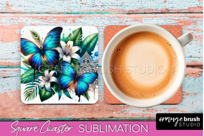 Butterfly Square Coaster Sublimation - Butterfly Coaster PNG