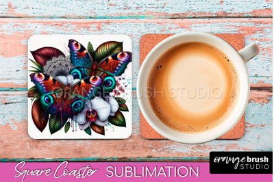 Butterfly Square Coaster Sublimation - Butterfly Coaster PNG