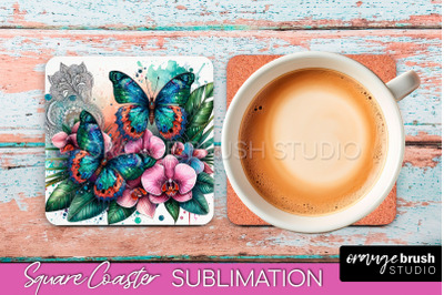 Butterfly Square Coaster Sublimation - Butterfly Coaster PNG