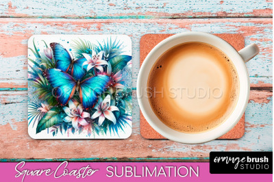 Butterfly Square Coaster Sublimation - Butterfly Coaster PNG