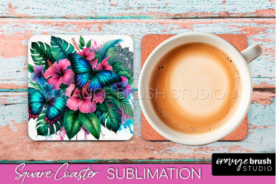 Butterfly Square Coaster Sublimation - Butterfly Coaster PNG