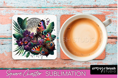 Butterfly Square Coaster Sublimation - Butterfly Coaster PNG