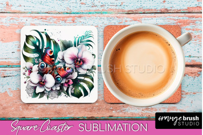 Butterfly Square Coaster Sublimation - Butterfly Coaster PNG