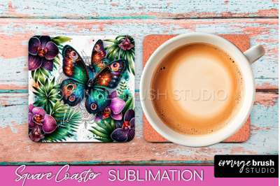 Butterfly Square Coaster Sublimation - Butterfly Coaster PNG