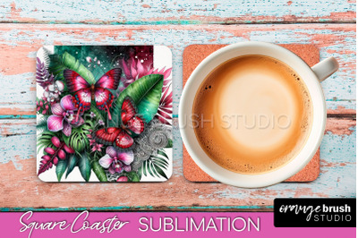 Butterfly Square Coaster Sublimation - Butterfly Coaster PNG