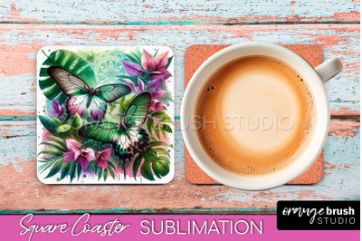 Butterfly Square Coaster Sublimation - Butterfly Coaster PNG