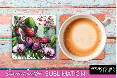 Butterfly Square Coaster Sublimation - Butterfly Coaster PNG