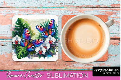 Butterfly Square Coaster Sublimation - Butterfly Coaster PNG