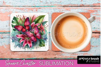 Butterfly Square Coaster Sublimation - Butterfly Coaster PNG