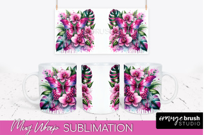 Butterfly Mug Wrap - Flowers Mug Sublimation Design