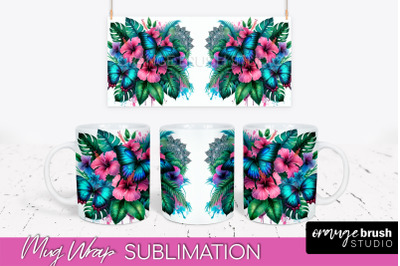 Butterfly Mug Wrap - Flowers Mug Sublimation Design