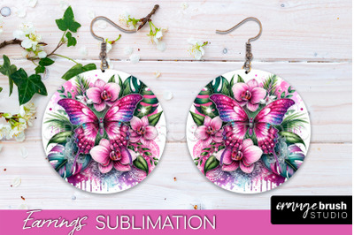 Butterfly Earrings Sublimation - Flower Round Earrings