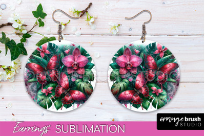 Butterfly Earrings Sublimation - Flower Round Earrings