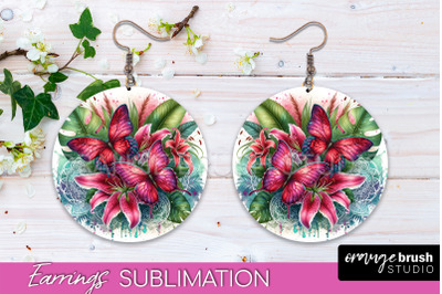 Butterfly Earrings Sublimation - Flower Round Earrings