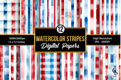 Watercolor Red Blue Stripes Digital Papers