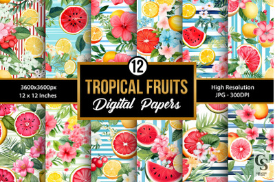 Summer Watercolor Tropical Fruits Digital Papers