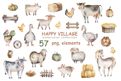 Happy Village Watercolor Farm Animals