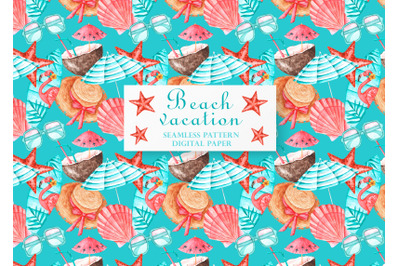 Beach vacation watercolor seamless pattern. Sea, ocean. Summer. Travel.