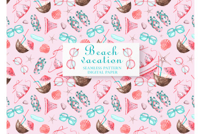 Sea beach watercolor seamless pattern. Summer vacation. Travel.