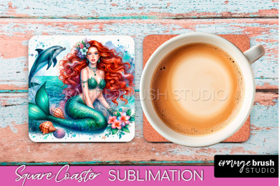 Watercolor Mermaid Square Coaster Sublimation Design