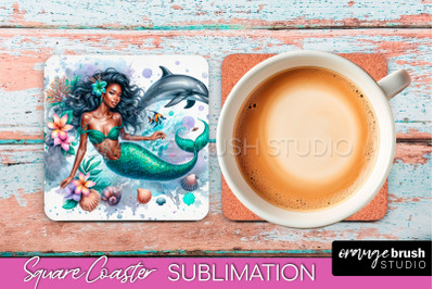 Watercolor Mermaid Square Coaster Sublimation Design