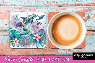 Watercolor Mermaid Square Coaster Sublimation Design