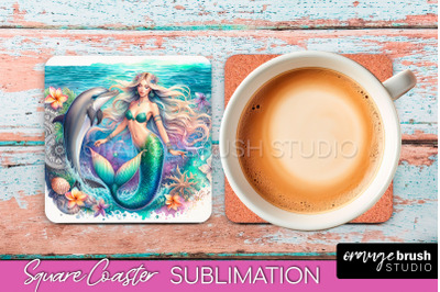 Watercolor Mermaid Square Coaster Sublimation Design