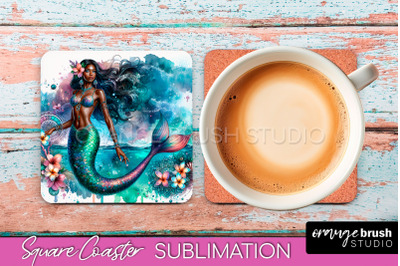 Watercolor Mermaid Square Coaster Sublimation Design