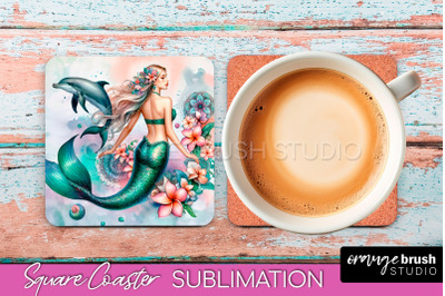 Watercolor Mermaid Square Coaster Sublimation Design