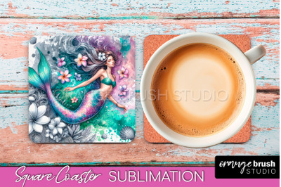 Watercolor Mermaid Square Coaster Sublimation Design