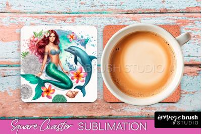 Watercolor Mermaid Square Coaster Sublimation Design