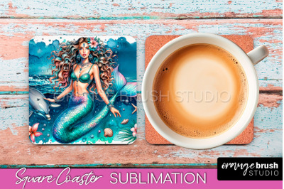 Watercolor Mermaid Square Coaster Sublimation Design