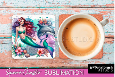 Watercolor Mermaid Square Coaster Sublimation Design