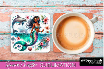 Watercolor Mermaid Square Coaster Sublimation Design