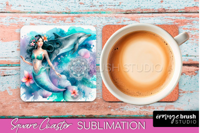 Watercolor Mermaid Square Coaster Sublimation Design