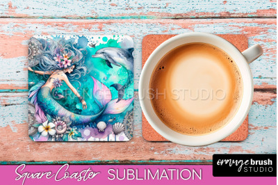 Watercolor Mermaid Square Coaster Sublimation Design