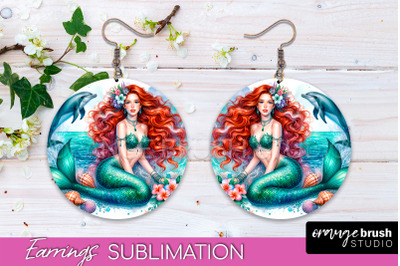 Mermaid Earrings PNG - Watercolor Mermaid Round Earrings PNG