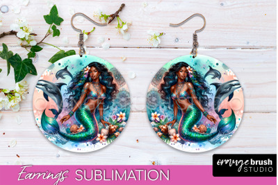 Mermaid Earrings PNG - Watercolor Mermaid Round Earrings PNG