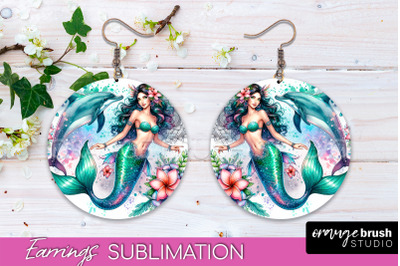 Mermaid Earrings PNG - Watercolor Mermaid Round Earrings PNG