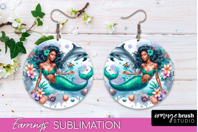 Mermaid Earrings PNG - Watercolor Mermaid Round Earrings PNG