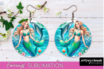 Mermaid Earrings PNG - Watercolor Mermaid Round Earrings PNG