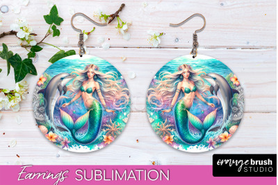 Mermaid Earrings PNG - Watercolor Mermaid Round Earrings PNG