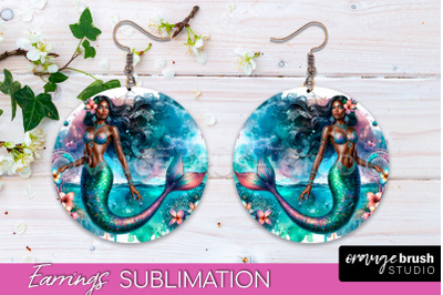 Mermaid Earrings PNG - Watercolor Mermaid Round Earrings PNG