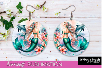 Mermaid Earrings PNG - Watercolor Mermaid Round Earrings PNG