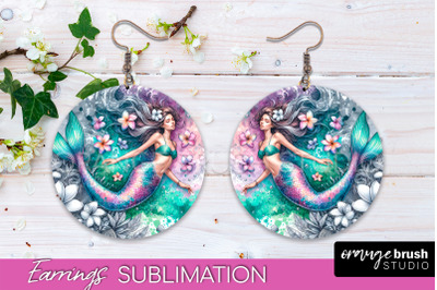 Mermaid Earrings PNG - Watercolor Mermaid Round Earrings PNG