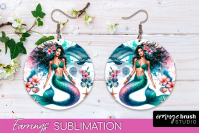 Mermaid Earrings PNG - Watercolor Mermaid Round Earrings PNG