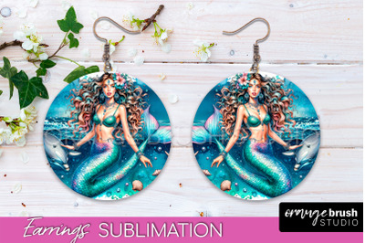 Mermaid Earrings PNG - Watercolor Mermaid Round Earrings PNG