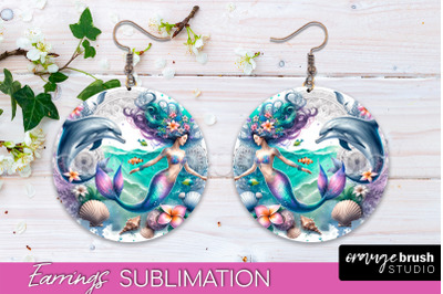 Mermaid Earrings PNG - Watercolor Mermaid Round Earrings PNG